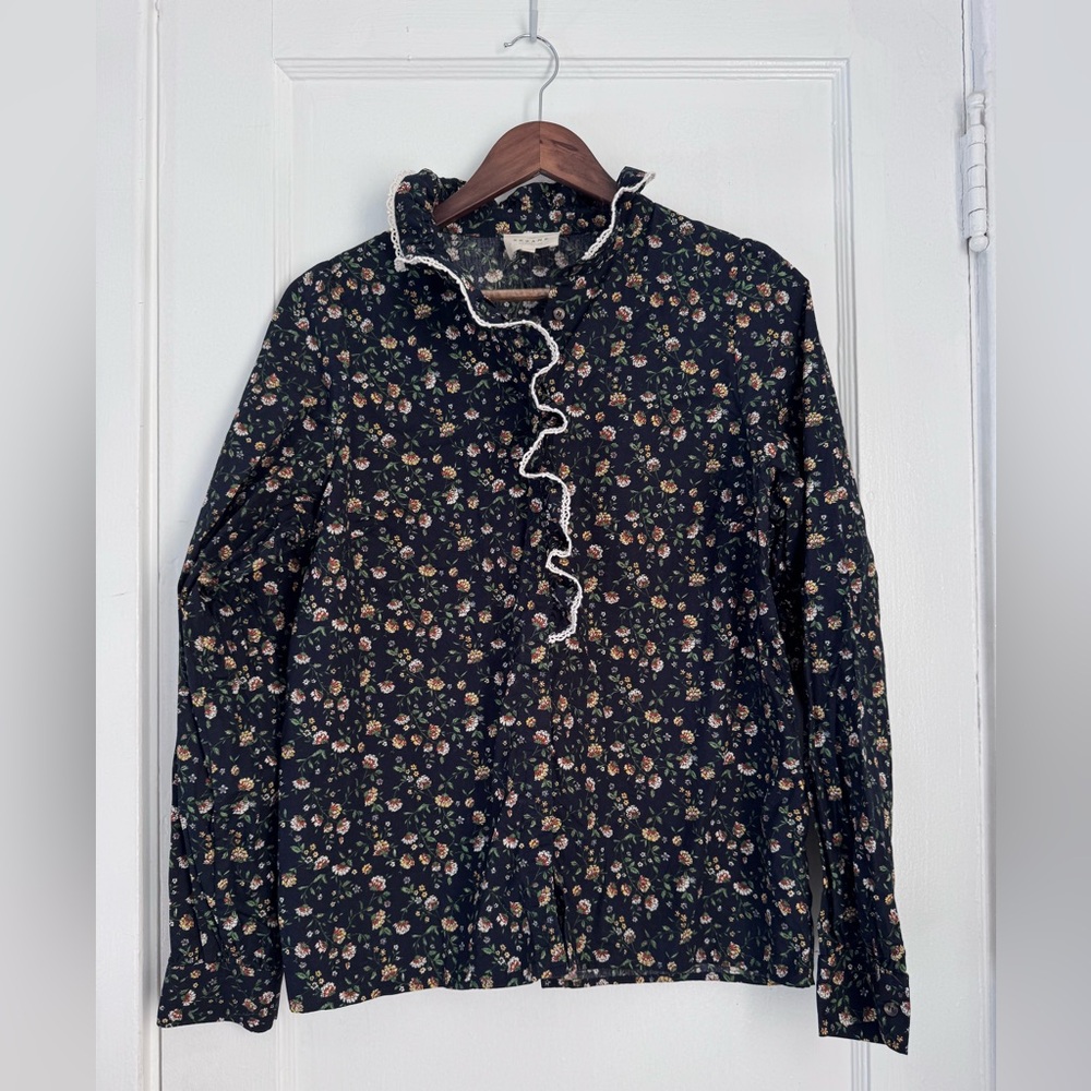 Sezane Navy Blue Floral Ruffle Collar Buttom Down Blouse. 42/Large